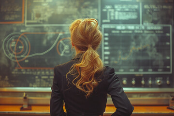 Poster - Back of businesswoman with blonde hair look at the blackboard.