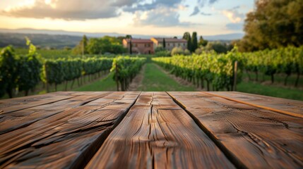 An empty wooden table for product display. Blurred french vineyard in the background