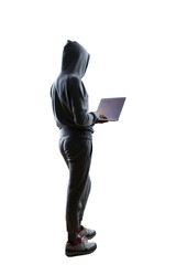 Leinwandbilder - Back view of a hooded individual with a laptop against a white background. Privacy theme