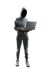 Wall Mural - Faceless individual in grey hoodie using laptop, white background. Online anonymity concept