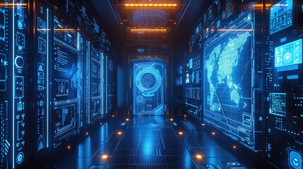 Wall Mural - A corridor in a futuristic data center with holographic screens displaying complex data and world maps, illuminated in blue.