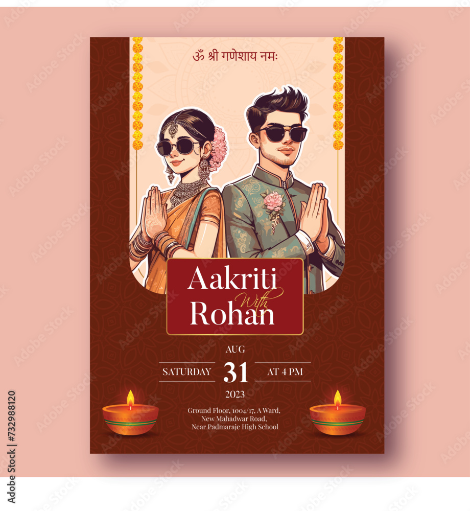 Traditional Royal Wedding Invitation card design with Bride and Groom ...