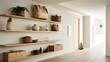 A contemporary hallway with floating shelves concealing storage baskets