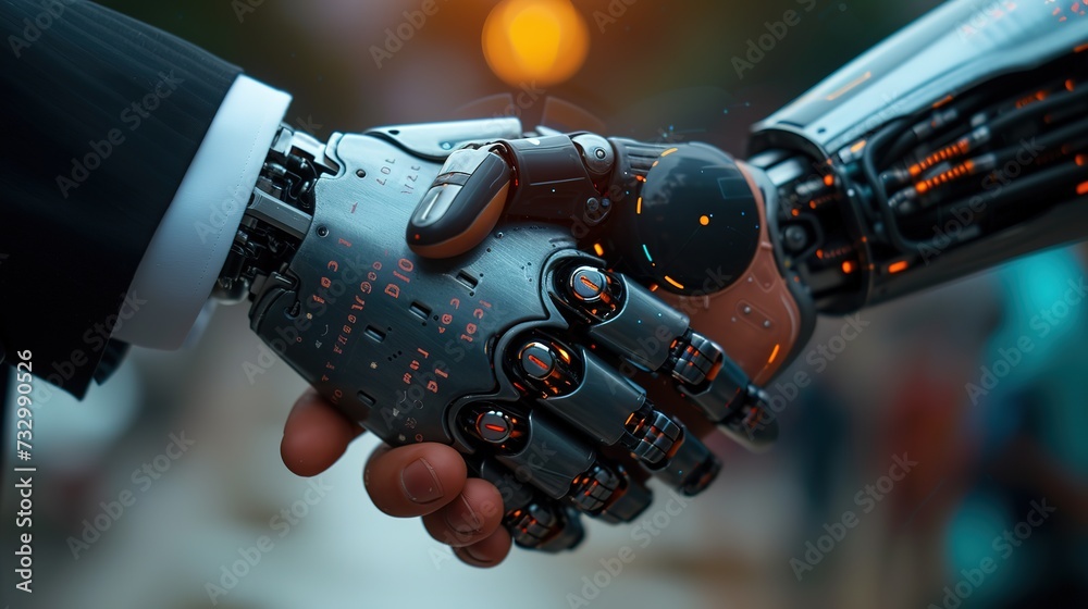 A detailed close-up of a handshake between a human and a sophisticated ...