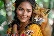 beautiful young Latin American woman with a fox in her arms, gently hugging her.