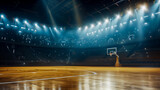 Fototapeta Sport - Empty basketball arena in the rays of floodlights, preparing the stadium for competitions, copy space for concept
