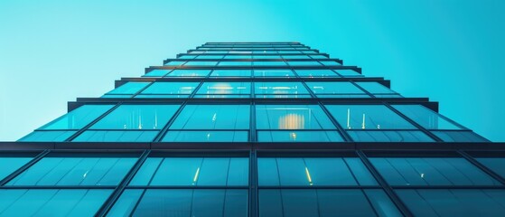 Canvas Print - A sleek, modern skyscraper with reflective glass windows rises against a vibrant blue sky, epitomizing contemporary architecture. Generative AI.