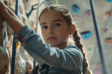 Wall Mural - Focused Young Girl in Safety Harness Climbing an Indoor Rock Wall. Adventure and Confidence in Youth Sports 