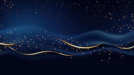 Wall Mural - Magic night dark blue banner with sparkling glitter bokeh and line art. Horizontal line vector wedding backdrop. Gold confetti and navy background. Golden scattered dust.Fairytale magic star template