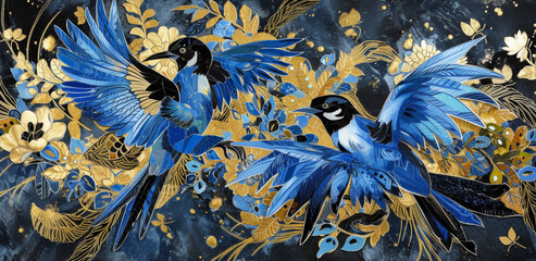 Wall Mural - Pop art collage. Blue birds in the jungle. Wildlife concept