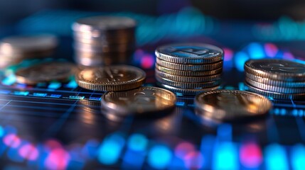 stacks of coins with stock chart  in the background