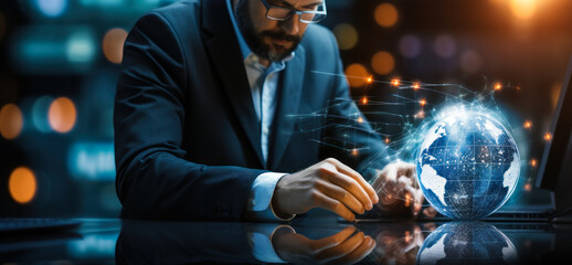 Poster - Tech expert engaging with AI global analytics on a digital device, showcasing artificial intelligence, data analysis, and worldwide connectivity