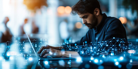 Poster - network engineer in a blurred office setting, working on a laptop with a futuristic interface displa