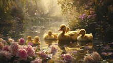 Group Of Ducklings Waddling By Pond Surrounded By Sorbet-colored Flowers