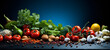 Vegetables set and spices for cooking on dark background.