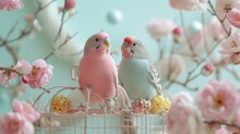 Pair Of Parakeets In Cage Decorated With Sorbet Spring-inspired Accessories