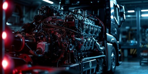 Close-up of a powerful semi truck engine