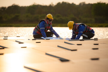 Photovoltaic engineers work on floating photovoltaics. Inspect and repair the solar panel equipment floating on the water.