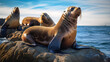 Sea lions sunbathing on rocks.