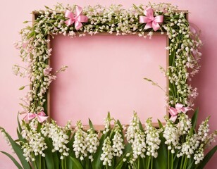 Aufkleber - Spring lily of the valley flowers framing a frame with free space for inserting text on a pink background. The concept of a Valentine's Day greeting card, International Women's Day, anniversary