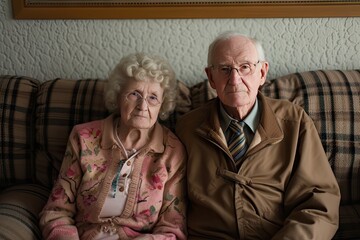 Tender and intimate portrait of elderly couple sharing moment of togetherness as sit side by side on sofa in comfort of home aged faces marked by time reflect deep bond forged through years of love