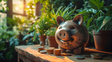 A Reflective Silver Piggy Bank Smiles On A Wooden Bench With Lush Green Plants In The Background.

