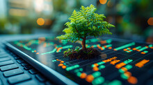 Young Fern Plant Growing On A Computer Keyboard, Depicting The Concept Of Sustainable Growth And Green Technology.
