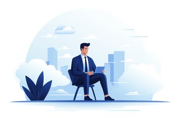 Illustration of a corporate professional immersed in work on a tablet against an urban backdrop.