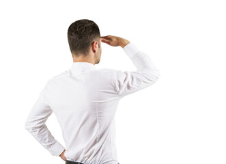 Aufkleber - Man in white shirt looking into the distance with hand to forehead. Vision and future concept