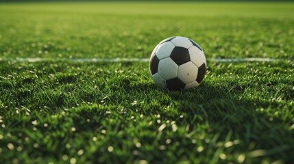  3D illustration of a soccer ball on a textured field at the center midfield.