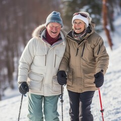 Wall Mural - Senior couple having fun on snow in mountains. Senior couple skiing on a beautiful sunny winter day. Retired elderly partners living an active cheerful life on vacation in a ski resort.