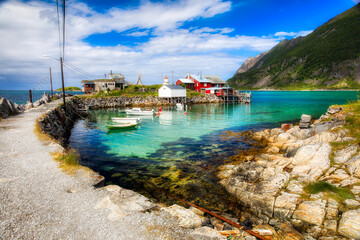 Sticker - The Islet Skjaholmen, with Krakeslottet, at Bovika on the Beautiful Norwegian Island of Senja