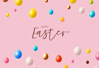 Wall Mural - Happy Easter! Holiday background with colorful eggs. Easter eggs on pink background.