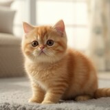 Fototapeta Koty - Portrait of a red Exotic Shorthair kitten looking at the camera. Portrait of a cute little cat with fluffy fur sitting in a light room beside a window. Beautiful Exotic Shorthair kitty at home.