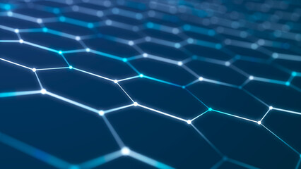 Poster - Technology background. Honeycomb concept. Big data. Hexagonal space with connected dots and lines. 3d