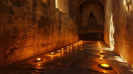 Wall Mural - Rows of flickering candles illuminate the ancient stone walls, creating a mystical ambiance within the sacred space. Shadows dance across the floor as worshippers bow their heads in prayer.