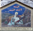 Mosaic adorning the front of the Church of Visitation, depicting the scene of Mary's visit to Elisheb, Church of the Visitation in Ein Karem near Jerusalem, Israel