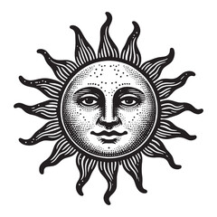 sun with a face. vintage engraving illustration. icon, logo, emblem. isolated object. black and whit