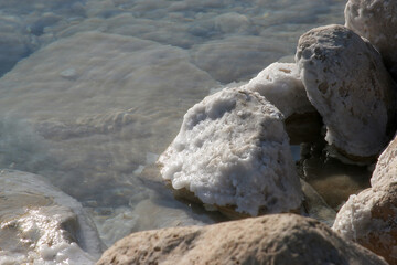 Crystallized salt rocks along the shores of the Dead Sea, Israel