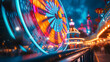 Ferris wheel at a carnival, spinning at night. The wheel is illuminated with blue and red lights, creating a motion blur effect. The background features a dark blue sky with bright stars and red light