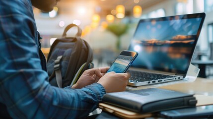man using a laptop and smartphone for booking hotel online. tour reservation, booking online concept