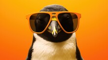 A Penguin Confidently Sports A Pair Of Sunglasses Against A Vibrant Orange Background.