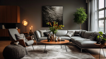 Wall Mural - Modern living room interior design with grey sofa, coffee table and plants