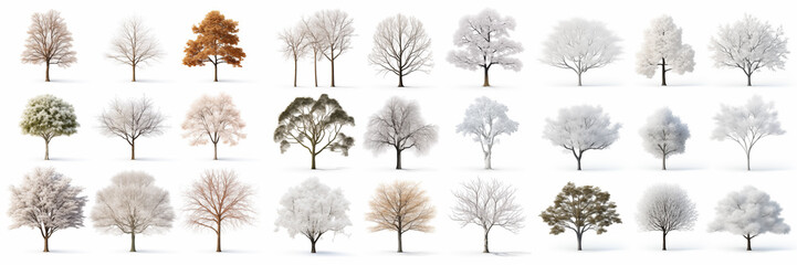 Set of 27 winter trees isolated on white background. Snowy tree collection.