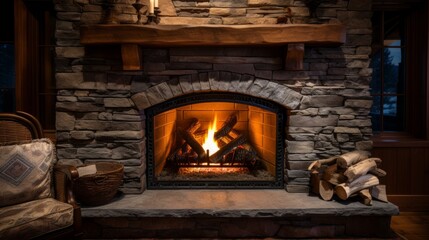 Sticker - A closeup of a cozy fireplace at night