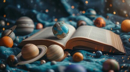 Wall Mural - An open book on astronomy, surrounded by models of planets, inviting exploration of the cosmos