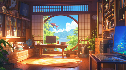 Wall Mural - beautiful anime japan background, japan room, background, japan vibes, cozy, relax, generative ai	