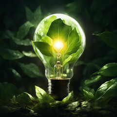 Wall Mural - Light bulb with plant leaves green energy 