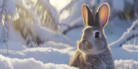 Wall Mural - cute rabbit in snow, generative AI