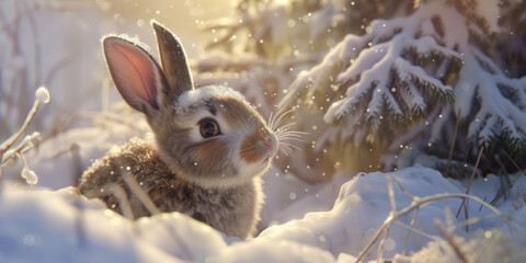 Wall Mural - cute rabbit in snow, generative AI